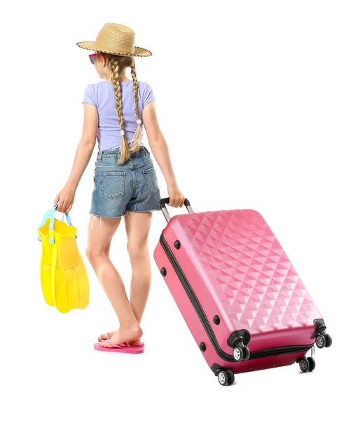 Going Little Girl Paddles Suitcase White Background — Stock Photo, Image