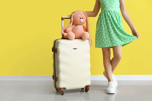 Cute Little Girl Suitcase Bunny Toy Color Wall — Stock Photo, Image