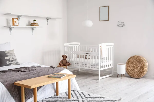 Modern Interior Cozy Room Big Bed Comfortable Baby Crib — Stock Photo, Image
