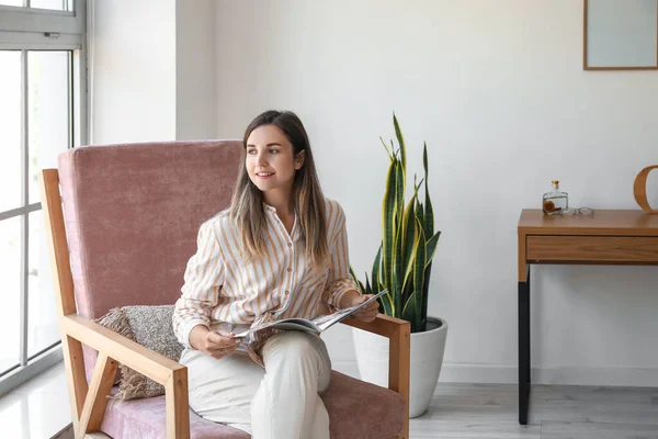 Young Woman Magazine Sitting Comfortable Armchair Home — Stock Photo, Image