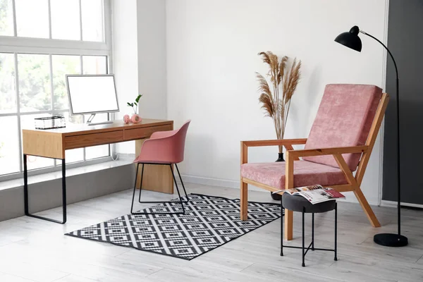 Stylish Pink Armchair Table Computer Interior Room — Stock Photo, Image