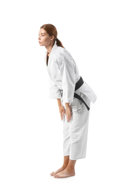 Karate Instruktorin Führt Rituelle Verbeugung Auf Weißem Hintergrund Durch — Stockfoto