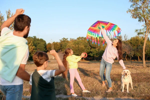 Mutlu aile açık havada uçurtmayla eğleniyor.
