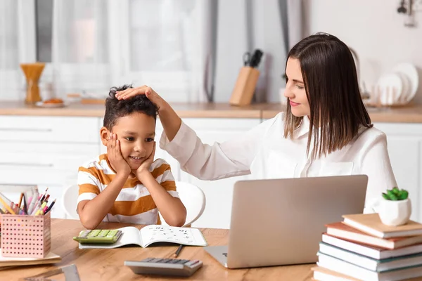 Little African American Boy Studying Tutor Home — Stock Photo, Image