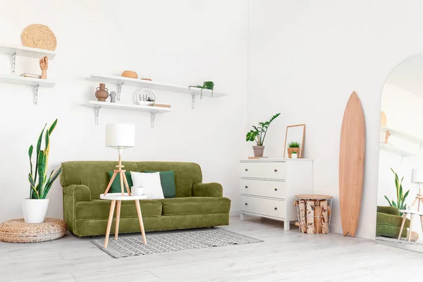 Interior Light Living Room Wooden Surfboard Sofa Houseplants — Stock Photo, Image