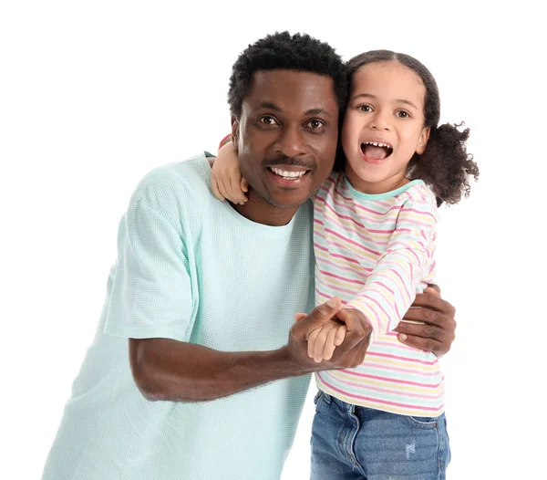 Beyaz Arka Planda Mutlu Afro Amerikan Bir Adam Küçük Kızının — Stok fotoğraf