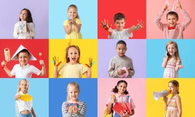 Renkli arka planda sevimli çocuklarla kolaj