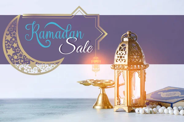 Muslim Lamp Koran Prayer Beads Table Ramadan Sale — Stock Photo, Image