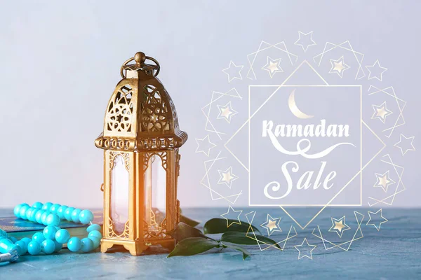 Muslim Lamp Prayer Beads Koran Text Ramadan Sale Light Background — Stock Photo, Image