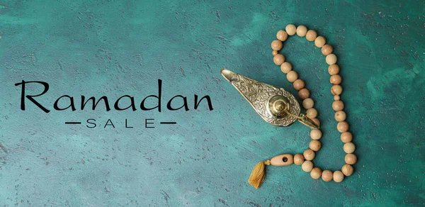 Muslim Lamp Prayer Beads Text Ramadan Sale Green Background Top — Stock Photo, Image