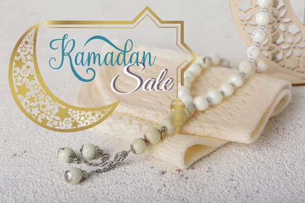 Hat Muslim Prayer Beads Text Ramadan Sale Light Background — Stock Photo, Image