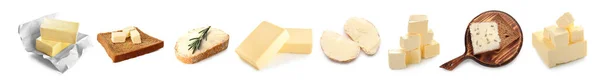Set Frischer Butter Und Brot Isoliert Auf Weiß — Stockfoto