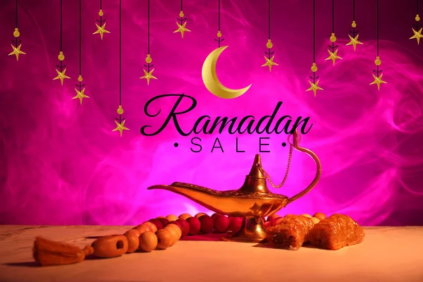 Muslim Lamp Prayer Beads Sweets Text Ramadan Sale Bright Color — Stock Photo, Image