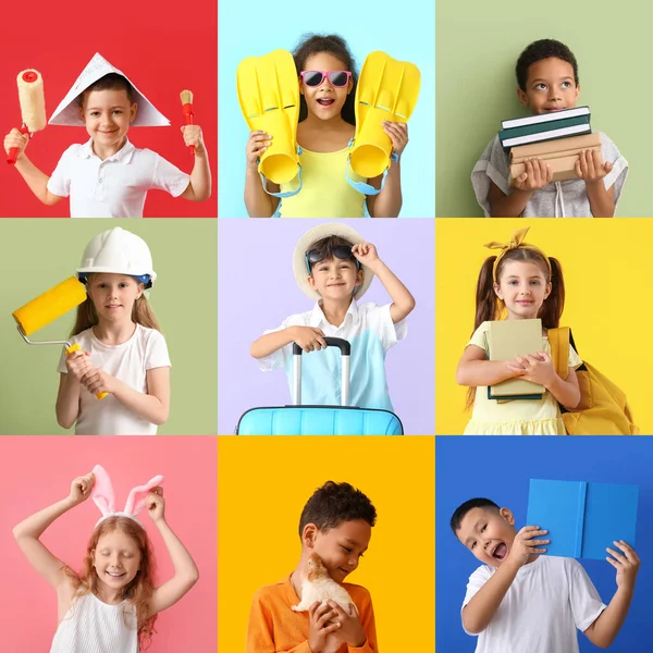 Collage Con Niños Lindos Sobre Fondo Colorido — Foto de Stock