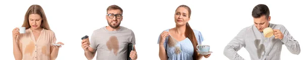 Set Von Verwirrten Menschen Mit Kaffeeflecken Auf Ihrer Kleidung Isoliert — Stockfoto