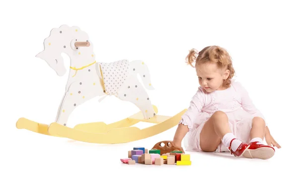 Adorable Baby Girl Rocking Horse Toys White Background — Stock Photo, Image