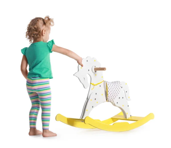 Adorable Baby Girl Rocking Horse White Background — Stock Photo, Image