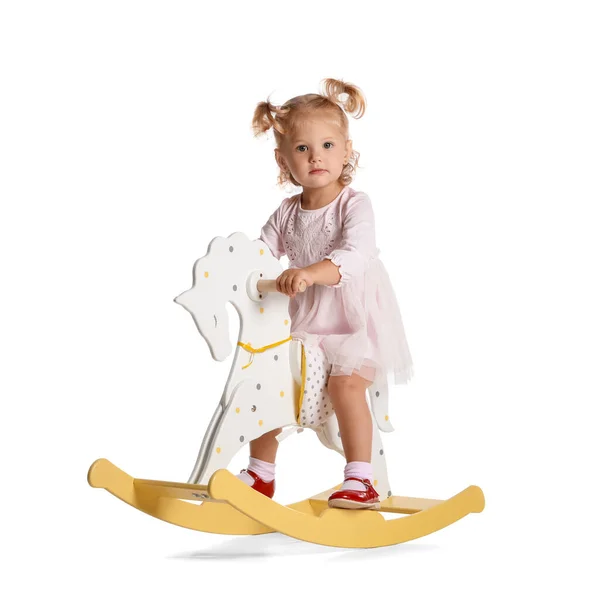 Adorable Baby Girl Rocking Horse White Background — Stock Photo, Image
