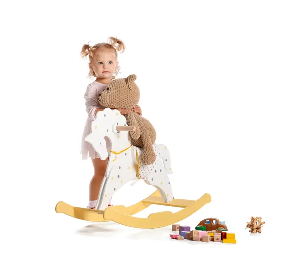 Adorable Baby Girl Rocking Horse Toys White Background — Stock Photo, Image