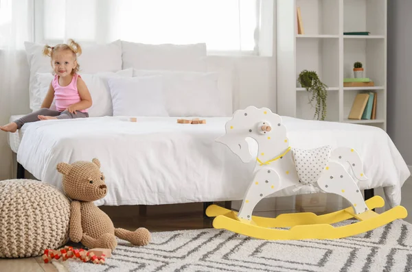 Rocking Horse Toys Bed Sitting Baby Girl Home — Stock Photo, Image