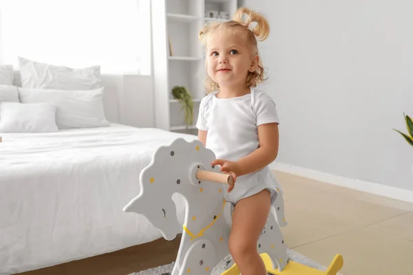 Adorable Baby Girl Rocking Horse Home — Stock Photo, Image