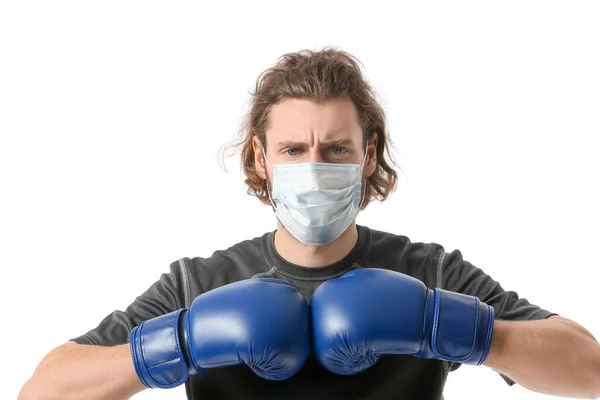 Young Man Wearing Medical Mask Boxing Gloves White Background Concept — Stock Photo, Image