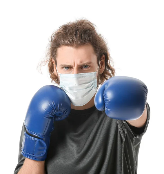 Young Man Wearing Medical Mask Boxing Gloves White Background Concept — Stock Photo, Image