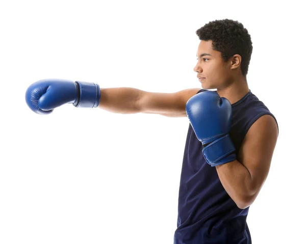 白い背景にボクシンググローブを着た若いアフリカ系アメリカ人男性 免疫概念 — ストック写真
