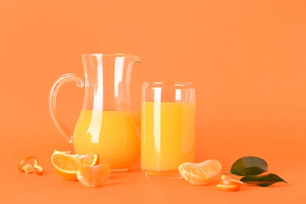 Jug Glass Fresh Tangerine Juice Orange Background — Stock Photo, Image