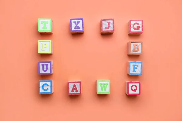 Frame Made Wooden Cubes Letters Red Background — Stock Photo, Image