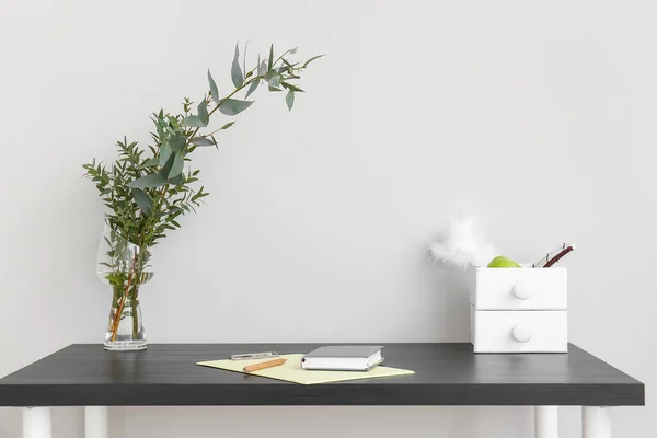 Modern Desk Plant Branches Vase Drawers Light Wall — Stock Photo, Image