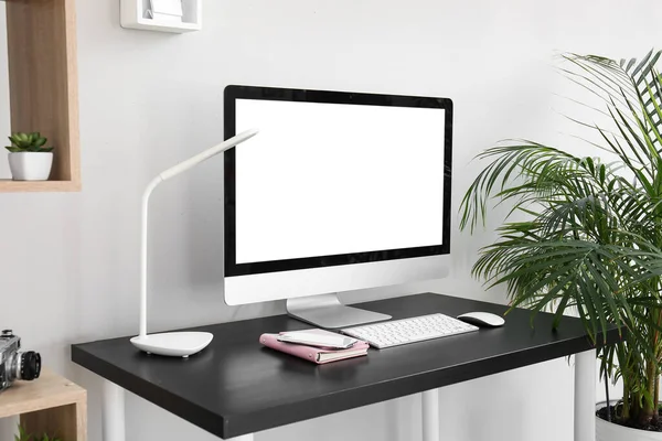 Workplace Computer Lamp Notebook Light Wall — Stock Photo, Image