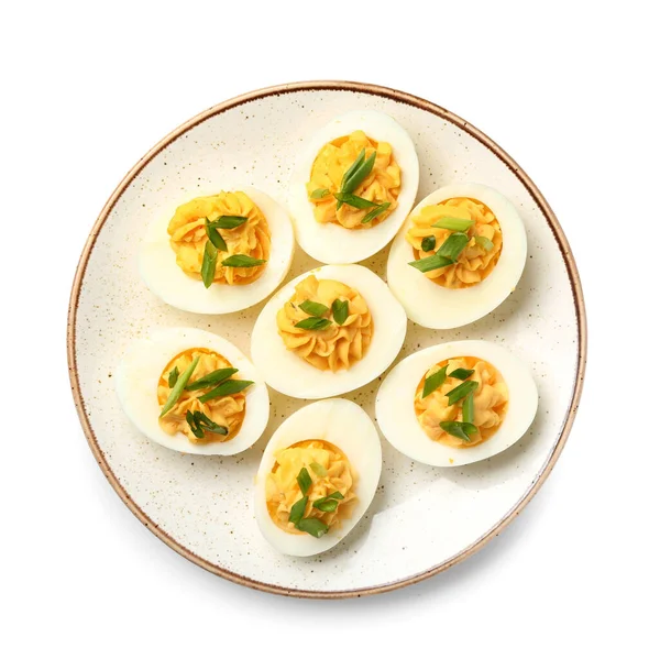 Plate Tasty Stuffed Eggs White Background Easter Celebration — Stock Photo, Image