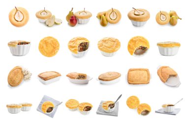 Beyaza izole edilmiş farklı lezzetli çörekler. 