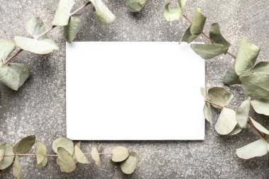 Güzel kuru okaliptüs dalları ve gri arka planda boş kağıt