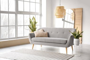 Oturma odasının içi kanepe ve çiçeklerle dolu.