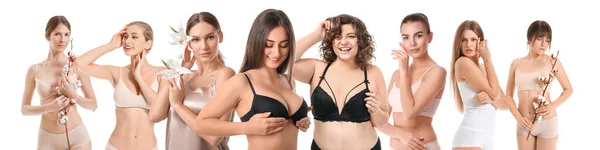 Muchas Mujeres Diferentes Ropa Interior Aislada Blanco — Foto de Stock