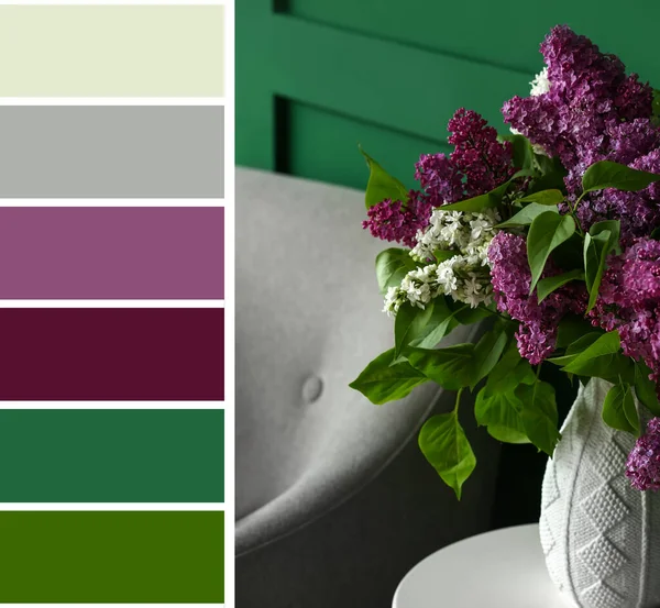 Odadaki masada leylak çiçekli vazo. Farklı renk örnekleri