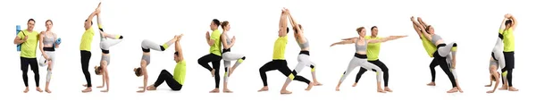 Uppsättning Sportiga Par Utövar Yoga Vit Bakgrund — Stockfoto