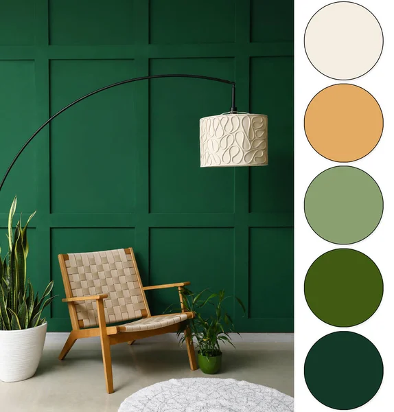 Stylish Armchair Houseplants Lamp Green Wall Different Color Samples — ストック写真