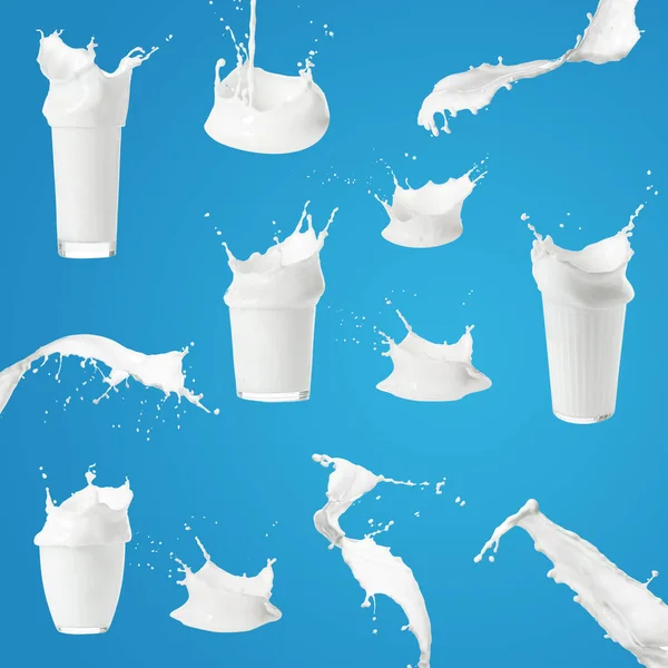 Set Milk Splashes Blue Background — Stock Photo, Image