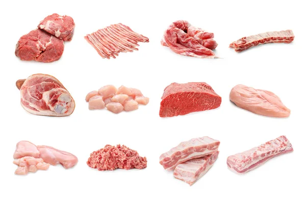 Conjunto Diferentes Carnes Crudas Aisladas Blanco — Foto de Stock