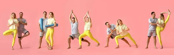 Uppsättning Sportiga Par Utövar Yoga Rosa Bakgrund — Stockfoto