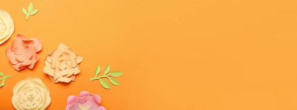 Beautiful Handmade Paper Flowers Orange Background Space Text — Stock Photo, Image