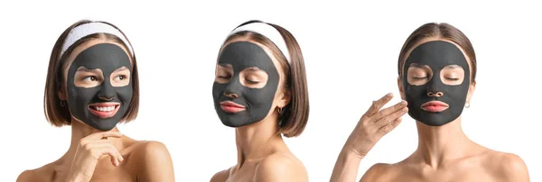 Set Junge Frau Mit Aktivkohlemaske Auf Dem Gesicht Vor Weißem — Stockfoto