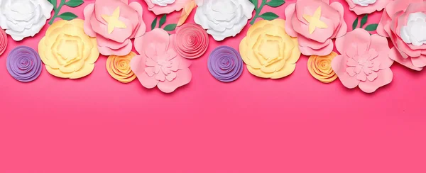 Hermosas Flores Papel Hechas Mano Sobre Fondo Rosa Brillante Con — Foto de Stock
