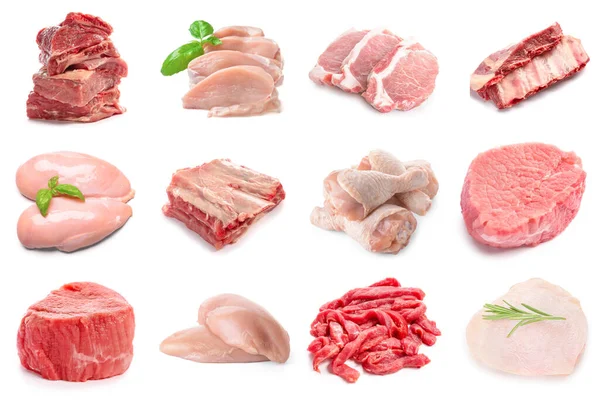 Set Different Raw Meat Isolated White — Stock Photo, Image
