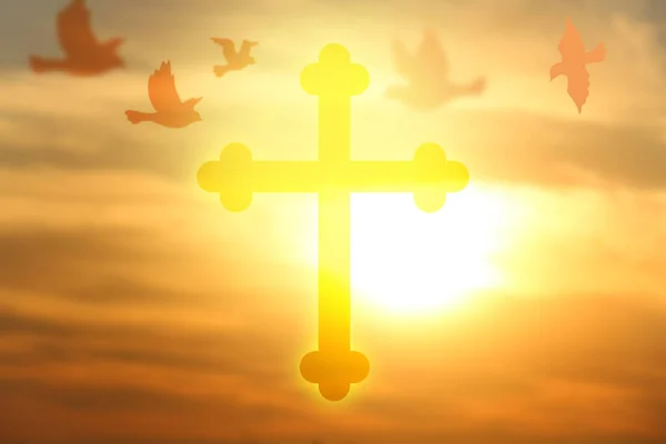 Светящийся Крест Нарисованные Птицы Облачном Небе — стоковое фото