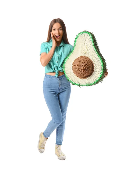 Mujer Joven Sorprendida Con Piñata Mexicana Aislada Blanco —  Fotos de Stock