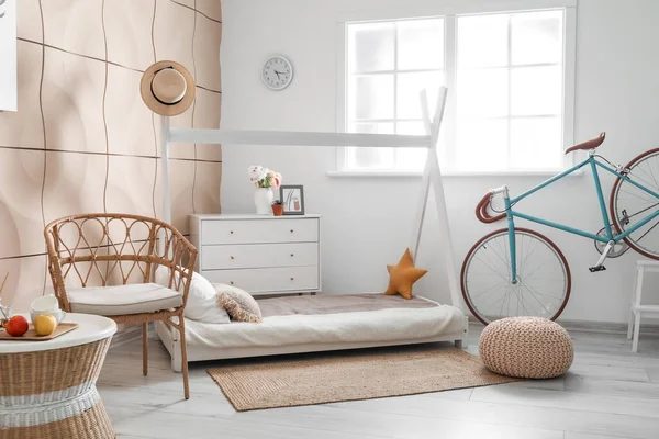 Stylish Interior Room Comfortable Bed Bicycle — Stock Photo, Image